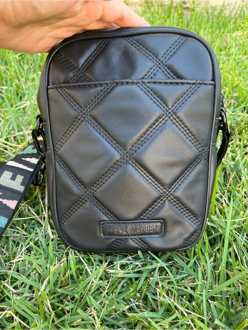 Steve Madden Black Quilted Crossbody with Branded Strap